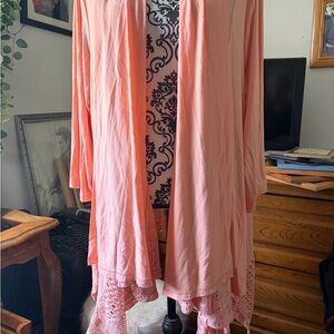 Peach Open Front Cardigan with Lace Hem